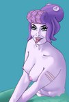 big_breasts blue_eyes breasts clothed clothing curvy_figure eyelashes eyeshadow female flirting forked_tongue looking_at_viewer makeup nipples pale_skin pink_nipples pupils scales scar sharp_teeth slit_pupils smile smirk solo split_form teasing teeth tongue tongue_out topless topless_female voluptuous wide_hips amtoastea cuphead_(game) cala_maria humanoid marine merfolk scalie siren hi_res