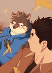 anthro blush clothing duo eyebrows fur grey_body grey_fur hoodie male male/male scar shy thick_eyebrows topwear inutora08 lifewonders tokyo_afterschool_summoners jock_protagonist_(tas) moritaka_(tas) protagonist_(tas) canid canine canis domestic_dog human mammal absurd_res hi_res