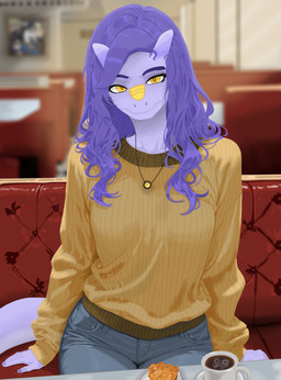 anthro beverage biped bottomwear breasts clothed clothed_anthro clothed_female clothing coffee container cup day denim denim_bottomwear denim_clothing diner facial_horn female fingers food front_view furniture hair horn humanoid_hands inside jeans jewelry long_hair looking_at_viewer medium_breasts muffin mug necklace non-mammal_breasts pants purple_body purple_hair purple_scales restaurant scales sitting smile solo sweater table tail topwear yellow_clothing yellow_eyes yellow_sweater yellow_topwear ryangoslinghorny kristi_tolbert dinosaur prehistoric_species reptile scalie absurd_res hi_res shaded