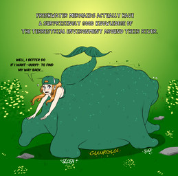 after_vore belly big_belly clothing duo female female_pred green_background green_body hat headgear headwear overweight simple_background split_form text vore frakass aquatic bear humanoid mammal merfolk 2026 english_text hi_res