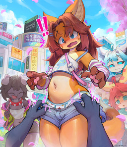 ambiguous_gender anthro arm_warmers armwear assisted_exposure bag big_ears black_sclera blue_eyes blue_seam_briefs blue_seam_underwear blush bottomwear briefs brown_hair building childish_briefs childish_underwear city city_background clothing collar colored_seam_briefs colored_seam_underwear crop_top detailed_background exclamation_point exposed_underwear eyes_closed femboy forced forced_exposure forced_undressing group hair hotpants kemono male mostly_offscreen_character navel open_mouth outside pantsing pattern_briefs pulling_pants_down shirt shorts smile smirk spiked_collar spikes surprised text thick_thighs topwear underwear undressing undressing_another voyeur white_briefs white_clothing white_crop_top white_topwear white_underwear echowocha arca_(arcadius0505) echo_(echowocha) miles_(mileskemofox) felid mammal 2026 hi_res japanese_text