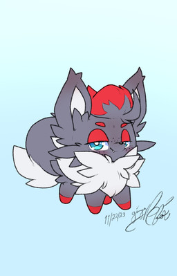 ambiguous_gender blue_background blue_eyes chibi fangs feral freckles fur grey_body grey_fur half-closed_eyes looking_at_viewer narrowed_eyes quadruped simple_background smug solo teeth gingy_k_fox nintendo pokemon dusk_(gingy_k_fox) fan_character generation_5_pokemon pokemon_(species) zorua 2023 hi_res signature