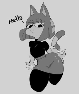 :> anthro black_clothing black_legwear black_topwear bodysuit bottomwear claws clothing emanata eyelashes female greeting greeting_viewer legwear looking_at_viewer skinsuit skirt solo strutting tail text thick_thighs tight_clothing topwear dkajart animal_crossing nintendo ankha_(animal_crossing) domestic_cat felid feline felis mammal english_text greyscale hi_res monochrome