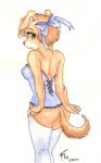 accessory anthro bottomless bow_(feature) bow_accessory bow_ribbon butt clothed clothing corset female floppy_ears hair_accessory hair_bow hair_ribbon legwear lingerie rear_view ribbons solo stockings tail topwear fio canid canine canis domestic_dog mammal