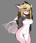 anthro blonde_hair blue_eyes breasts clothed clothing female fur genitals hair horn looking_at_viewer pink_body pink_fur pussy raised_clothing raised_shirt raised_topwear shirt smile solo tail tail_motion tailwag topwear wings mega_moppa mythology roketchu canid canine canis dragon hybrid mammal mythological_creature mythological_scalie scalie wolf absurd_res hi_res