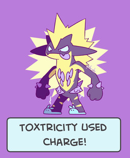 anthro biped clothing countershade_face countershade_torso countershading electricity footwear male purple_background shoes simple_background slippers smile solo text tongue tongue_out yuki_oto nintendo pokemon amped_toxtricity generation_8_pokemon pokemon_(species) toxtricity animated animated_gif english_text hi_res short_playtime