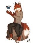 2022 anthro arctic_fox arthropod bottomwear brown_body brown_fur butterfly canid canine claws clothing cross_fox dipstick_ears dipstick_tail doppelfoxx ear_markings flashw fox fur green_eyes hoodie insect lepidopteran male mammal markings multicolored_ears nonbinary_(lore) on_rock pants red_fox rock simple_background sitting sitting_on_rock sketch solo sweatpants sweatshirt tail tail_markings toe_claws topwear tracksuit true_fox white_background white_body white_fur yaxley_warrick_(doppelfoxx)