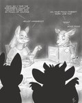 anthro breasts claws clothed clothing dialogue dipstick_tail duo_focus female fur greeting group hair male markings roleplay tail tail_markings text flinters alyssa_(tyvulpine) flinters_(character) kangaroo macropod mammal marsupial 2024 4:5 english_text greyscale hi_res monochrome