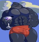 abs alcohol beverage big_muscles blue_eyes bulge clothing cocktail_glass container cup detailed_bulge drinking_glass genital_outline glass glass_container glass_cup grey_body grey_nipples grey_skin holding_glass holding_object male muscular muscular_male nipples pecs penis_outline smile solo speedo standing swimwear thick_thighs grungebeetle disney lilo_and_stitch gantu alien 2021 aliasing digital_media_(artwork)