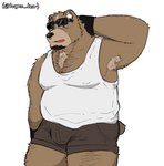 anthro belly bottomwear brown_body brown_fur bulge clothing eyewear fur male overweight overweight_anthro overweight_male shirt shorts simple_background solo sunglasses tank_top topwear white_background hagom bear mammal 2020