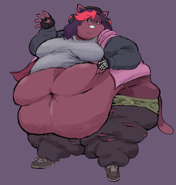 5_fingers anthro belly big_belly black_nails black_nose bottomwear breasts chubby_cheeks clothed clothing colored_nails deep_navel double_chin electronics eyewear fangs fat_legs female fingerless_gloves fingers footwear fur glasses gloves hair handwear happy headphones huge_belly jacket looking_at_viewer morbidly_obese morbidly_obese_anthro morbidly_obese_female multicolored_hair nails navel obese obese_anthro obese_female overweight overweight_anthro overweight_female pants purple_background purple_body purple_fur purple_hair red_hair shirt shoes simple_background smile solo standing tail teeth topwear torn_clothing two_tone_hair wearing_glasses aquamix rain_(aquamix) domestic_cat felid feline felis mammal hi_res