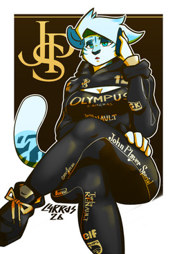 anthro blue_body blue_eyes blue_fur breasts cellphone cleavage clothed clothing crossed_legs electronics female footwear fur glistening glistening_clothing multicolored_body multicolored_fur phone racing_suit shoelaces shoes sitting smartphone sneakers solo stripes tight_clothing undercut white_body white_fur carrus formula_1 goodyear lotus_(car) nike olympus_corporation philips_(company) pirelli renault zhejiang_geely_holding_group_co_ltd kenzie_(carrus) felid mammal pantherine absurd_res hi_res