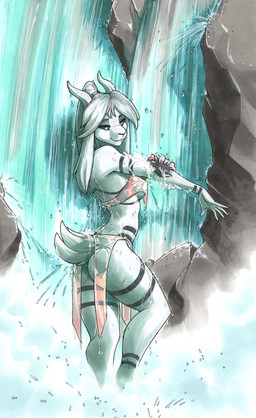 anthro bathing black_sclera blue_eyes bottomwear breasts butt clothing female fur hair horn loincloth ponytail pose slim small_breasts solo sponge stripes swimwear translucent translucent_clothing water waterfall wet white_body white_fur white_hair ewgengster rykah bovid caprine goat mammal absurd_res hi_res traditional_media_(artwork)