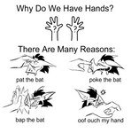 bite biting_hand black_hair boop facial_hair hair male petting sideburns simple_background solo text johnnythecheesy why_do_we_have_hands heath_murcel bat mammal digital_media_(artwork) english_text hi_res meme monochrome