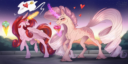 blush dessert duo feathers fluffy food fur hair horn ice_cream long_hair magic open_mouth reward tongue tongue_out walking wings sunny_way hasbro my_little_pony mythology equid equine mammal mythological_creature mythological_equine unicorn winged_unicorn 2:1 hi_res