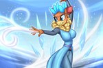 anthro antlers blue_antlers blue_clothing blue_dress blue_eyes clothing dress female glowing glowing_antlers horn ice icicle magic magic_user navel neck_tuft smile solo tuft redahfuhrerking disney frozen_(disney) them's_fightin'_herds elsa_(frozen) velvet_reindeer_(tfh) deer mammal new_world_deer reindeer 2021 hi_res