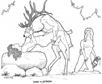 animal_genitalia anthro anthro_top balls breasts erection female genitals group hooves human_on_anthro interspecies lemon_testicles male male/female nipples nude penis tim_o'rourke actaeon artemis_(greek_mythology) deer human mammal 1995 black_and_white monochrome