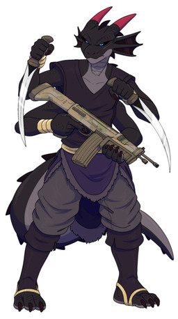 3_toes 4_arms anthro barefoot dagger feet gun holding_object holding_ranged_weapon holding_weapon male melee_weapon multi_arm multi_limb ranged_weapon simple_background solo toes weapon zimakum lizard reptile scalie absurd_res digital_drawing_(artwork) digital_media_(artwork) hi_res