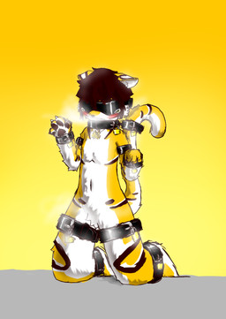 anthro belly belt_bondage bodily_fluids bound eye_patch eyewear kneeling lock male solo tears young young_anthro young_male lentocn felid mammal pantherine tiger absurd_res hi_res