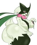 anthro areola big_breasts black_body breasts butt female genitals green_body looking_at_viewer open_mouth purple_eyes pussy simple_background solo thick_thighs tongue tongue_out white_background killer._ez nintendo pokemon generation_9_pokemon meowscarada pokemon_(species) absurd_res hi_res