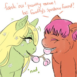 accessory ambiguous_feral ambiguous_gender blonde_hair color_coded_text dialogue duo eyelashes female female_feral feral flower flower_in_hair fur green_body green_fur hair hair_accessory happy looking_at_another mouth_hold nodding orange_body orange_fur pink_hair plant smile teeth text yellow_eyes young young_feral yellowcottoncandy030 fluffy_pony gypsophila fluffy_pony_(species) mammal 1:1 2025 broken_language english_text hi_res