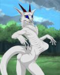 abdominal_bulge anthro blue_eyes butt fur horn long_body long_tail nude ribs skinny solo tail vore white_body white_fur chimera_synx synx