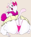 anthro big_breasts big_butt bottomwear bow_(feature) breasts butt clothing dot_eyes female fur genitals heart_symbol huge_breasts huge_butt humanoid_genitalia humanoid_pussy kneeling open_mouth open_smile overweight overweight_anthro overweight_female pawpads paws penis pink_pawpads pussy shirt simple_background skirt smile solo t-shirt tail tan_background thick_thighs thong topwear underwear white_body white_fur wide_hips gat0pussy24 domestic_cat felid feline felis mammal