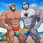 abs anthro arm_hair arm_tuft beach beard big_muscles big_nipples big_pecs body_hair brown_hair bulge canon_x_oc chest_hair chest_tuft clothed clothing duo facial_hair hair holding_partner huge_muscles huge_pecs human_on_anthro interspecies jewelry kerchief lgbt_pride lying male male/male mostly_nude multicolored_clothing muscular muscular_anthro muscular_human muscular_male necklace nipple_piercing nipple_ring nipples pecs pecs_touching piercing pride_color_clothing pride_colors rainbow_clothing ring_piercing sand seaside sex speedo speedo_only swimwear topless topless_male tuft water maldu mythology nintendo pokemon team_aqua archie_(pokemon) draycos demon dragon generation_7_pokemon human mammal mythological_creature mythological_scalie pokemon_(species) pyukumuku scalie absurd_res hi_res