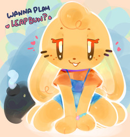 abstract_background anthro biped black_text blue_clothing blue_overalls bomb bracelet chibi clothed clothed_anthro clothed_female clothing dialogue explosives eyebrows feet female female_anthro floppy_ears freckles front_view fully_clothed fully_clothed_anthro fully_clothed_female glistening glistening_eyes head_tuft heart_symbol jewelry lop_ears narrowed_eyes open_mouth open_smile orange_clothing orange_shirt orange_topwear overalls pink_text question_mark requesting shirt simple_background simple_eyes sitting smile solo talking_to_viewer text topwear tuft wariza whiskers white_mouth yellow_body yellow_ears ligma_(artist) vanilla_(pulp) lagomorph leporid mammal rabbit 2025 digital_media_(artwork) english_text full-length_portrait handwritten_text hi_res portrait