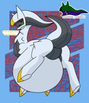 ambiguous_gender belly big_belly blush butt feral huge_belly open_mouth red_eyes simple_background smile solo tail text white_body arceus_tummy nintendo pokemon arceus generation_4_pokemon legendary_pokemon mammal pokemon_(species) hi_res