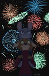 anthro brown_body brown_fur carrying_another clothed clothing duo fireworks fully_clothed fur grey_body grey_fur night on_shoulders open_mouth open_smile outside smile sweater topwear tggeko disney zootopia judy_hopps nick_wilde canid canine fox lagomorph leporid mammal rabbit red_fox true_fox 2020 signature