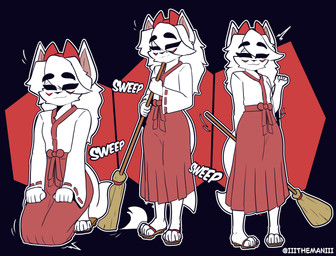4_toes anthro asian_clothing black_nose bow_ribbon broom cleaning_tool clothed clothing east_asian_clothing eyes_closed feet female fluffy fluffy_tail footwear fur hair japanese_clothing kneeling long_hair simple_background smile solo standing sweeping tail toes white_body white_fur the_man canid canine fox fox_spirit mammal 2026 absurd_res hi_res model_sheet