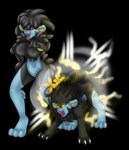 ambiguous_feral ambiguous_gender anthro big_breasts biped black_body black_hair black_paws blue_body blue_legs blue_paws breasts claws duo electricity electricity_manipulation elemental_manipulation fangs featureless_breasts featureless_crotch female feral fingers fur gesture glistening glistening_body glowing glowing_eyes hair hand_gesture nude open_mouth paws pointing pokemorph quadruped red_sclera simple_background smile standing tail teeth thick_thighs three-quarter_view transparent_background wide_hips yellow_eyes yellow_inner_ear aakashi nintendo pokemon kirara_(swack16) generation_4_pokemon luxray pokemon_(species) 2014 alpha_channel colored