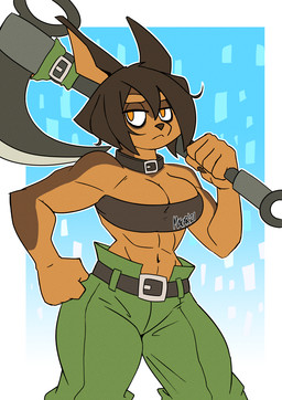 5_fingers abs anthro axe bandeau belt breasts brown_body brown_fur cleavage clothed clothing collar countershade_arms countershade_face countershade_neck countershading female female_anthro fingers fur gloves_(marking) markings melee_weapon muscular muscular_anthro muscular_female solo topwear weapon makardraws dog_knight_rpg rory_(ceehaz) canid canine canis dobermann domestic_dog mammal pinscher 2021 dated hi_res portrait three-quarter_portrait
