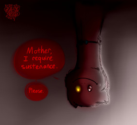 ambiguous_form beady_eyes dialogue fur glowing glowing_eyes heterochromia horror_(theme) light long_neck mouth_closed red_body red_eyes red_fur red_speech_bubble red_text smile solo speech_bubble text upside_down yellow_eyes bloodandroses fluffy_pony fluffy_pony_(species) jellenheimer mammal 2025 digital_media_(artwork) english_text lighting signature
