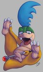 anthro feet flaccid foreskin genitals hindpaw lying magic_wand male on_back paws penis raised_paw soles solo spread_legs spreading young young_anthro stormdragonblue mario_bros nintendo koopaling larry_koopa koopa scalie 2023 colored hi_res