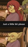 ambiguous_gender bald big_ears big_nose duo eyewear female glasses hair hair_trimming humor long_hair personal_grooming pointy_ears red_eyes red_hair styling_hair text trimming_(grooming) okgaki ophelia_(okgaki) goblin humanoid english_text hi_res meme