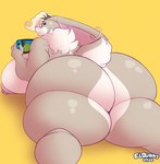 anthro big_breasts big_butt breasts butt ear_piercing ear_ring eyewear female glasses huge_breasts huge_butt looking_at_viewer looking_back looking_back_at_viewer lying morbidly_obese obese on_front overweight piercing ring_piercing simple_background solo yellow_background dedoarts nintendo nintendo_switch lagomorph leporid mammal rabbit