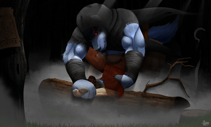 abs against_surface anthro anthro_on_anthro arm_grab arm_wrapping arm_wraps arms_above_head biceps big_bulge big_dom_small_sub big_muscles blue_eyes bottomwear breath brown_body brown_fur bulge bulge_frottage cape captured claws cloak clothed clothing crouching dangerous darkness dominant duo eye_contact facial_markings fog forest forest_background from_front_position fur fuzzy glistening glistening_weapon glowing glowing_eyes grass grey_body grey_fur grin hair head_markings headgear hood hood_up imminent_sex knife_play larger_anthro larger_male legs_up light log looking_at_another looking_at_partner looking_down looking_up lying male male/male markings mask_(marking) melee_weapon moonlight muscular muscular_anthro muscular_male nature nature_background nervous night on_back on_bottom on_log on_top outside pants pinned_arms pinned_by_weapon plant poncho questionable_consent red_eyes restrained_arms scary shirt sickle size_difference smaller_anthro smaller_male smile squatting_pose tail teeth topwear tree twig waist_grab wanted_poster weapon wood wrapped_arms wraps wrist_grab henryfda dreamworks puss_in_boots_(franchise) cooper(wusky) death_(puss_in_boots) canid canine canis domestic_dog german_shepherd herding_dog humanoid mammal pastoral_dog wolf 2025 5:3 absurd_res digital_media_(artwork) hi_res signature