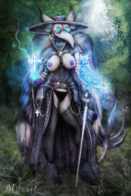 4_toes 5_fingers animal_mask anthro areola beak_mask breasts christian_cross christian_symbol clothed clothing cross detailed_background duo exposed_breasts feathered_wings feathers feet female fingers forest grass ineffective_clothing mask moon night nipples outside panties plague_doctor plant religion religious_symbol standing toes topless topless_anthro topless_female tree underwear wings mifa christianity snowfall_(terrorwing) avian bird 2022 digital_media_(artwork) hi_res