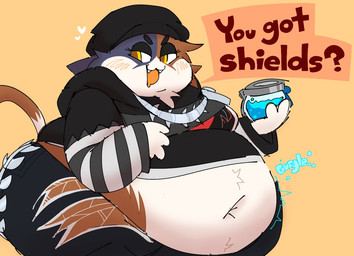 anthro belly belly_overhang blush blush_lines bodily_fluids deep_navel female fur gameplay_mechanics navel obese overweight rumbling_stomach shield_potion solo speech_bubble tail weight_gain fatdeerlady epic_games fortnite meow_skulls calico_cat domestic_cat felid feline felis mammal