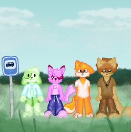 anthro barefoot bottomless bottomless_anthro bottomwear brown_body brown_fur bus_stop bus_stop_sign clothed clothed_anthro clothing feet footwear fully_clothed fully_clothed_anthro fur green_body green_fur group hair hnis_(pleskoslez) male no_shoes open_clothing open_shirt open_topwear orange_body orange_fur pink_body pink_fur pink_hair planted_sign shirt shirt_only sign tail topless topless_anthro topwear topwear_only pleskoslez comedy_central crocs south_park fartman_(pleskoslez) robin_(pleskoslez) canid canine domestic_cat felid feline felis fox lagomorph leporid mammal rabbit red_fox true_fox hi_res