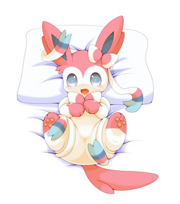 3_toes ambiguous_gender bed chibi featureless_crotch feet feral furniture lying null on_back pawpads pillow simple_background solo spread_legs spreading tail toes white_background schnecken nintendo pokemon eeveelution generation_6_pokemon pokemon_(species) sylveon