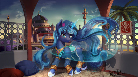 afternoon blue_body blue_eyes blue_fur blue_hair clothed clothing cutie_mark detailed_background female female_feral feral fur hair hooves horn inside light smile solo sunlight sunset discordthege hasbro my_little_pony mythology fan_character equid equine mammal mythological_creature mythological_equine unicorn 16:9 colored digital_media_(artwork) digital_painting_(artwork) hi_res painting_(artwork) widescreen
