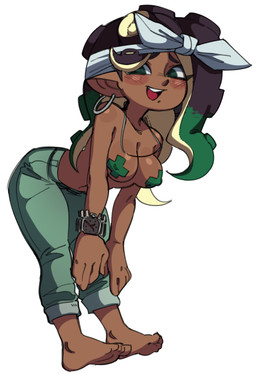 barefoot big_breasts bottomwear breasts clock clothing dark_body dark_skin ear_piercing ear_ring eyelashes feet female front_view green_bottomwear green_clothing green_eyes green_hair green_pants hair humanoid_pointy_ears looking_at_viewer markings mole_(marking) mole_under_mouth multicolored_hair nipple_outline open_mouth open_smile pants pasties piercing pointy_ears pseudo_hair purple_hair ring_piercing simple_background smile solo tentacle_hair tentacles thick_thighs two_tone_hair watch white_background wide_hips wristwatch third-party_edit wamudraws goldsden_(colorist) nintendo splatoon marina_(splatoon) aquatic cephalopod humanoid mollusk octarian octoling