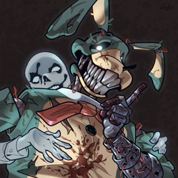 5_fingers anthro black_nose blood blood_on_chest blood_on_hand blue_body bodily_fluids bow_tie buckteeth duo exposed_endoskeleton exposed_wires facial_scar fingers glowing glowing_eyes grin hand_on_arm hand_on_chest hole_in_ear looking_at_viewer machine male markings metallic_body no_pupils notched_ear open_mouth scar shush simple_background smile stain teeth white_body white_markings wire geatmos the_walten_files bon_(twf) animatronic ghost humanoid lagomorph leporid mammal rabbit robot spirit 1:1 2025 digital_media_(artwork) hi_res signature