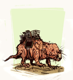 abstract_background ambiguous_gender basket container feral red_eyes reins solo standing tail tan_body teeth text whiskers leona-florianova fallout microsoft mole_rat_(fallout) english_text hi_res signature