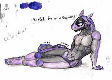 ambiguous_gender anthro lying machine pose purple_body solo text anxiousboar android robot synth_(vader-san) hi_res traditional_media_(artwork) translated