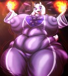 5_fingers anthro areola_outline big_breasts breasts clothing delta_rune_(emblem) elemental_manipulation eyelashes female fingers fire fire_manipulation fur horn huge_breasts hyper hyper_breasts looking_at_viewer nipple_outline open_mouth overweight overweight_anthro overweight_female purple_clothing purple_eyes solo symbol tail tongue white_body white_fur nightlyflare undertale undertale_(series) toriel boss_monster_(undertale) bovid caprine goat mammal hi_res