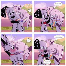 black_spots blue_jewelry blue_necklace blush collar duo electronics female feral floppy_ears freckled_face freckles fur heterochromatic_ears holding_object holding_phone jewelry kissing leg_markings male male/female markings necklace orange_jewelry orange_necklace phone pink_inner_ear red_collar selfie socks_(marking) speech_bubble spots surprise_kiss text toony white_body white_fur seisai1751 101_dalmatian_street 101_dalmatians disney dolly_(101_dalmatians) dylan_(101_dalmatians) canid canine canis dalmatian domestic_dog mammal 1:1 comic english_text brother_(lore) brother_and_sister_(lore) incest_(lore) sibling_(lore) sister_(lore)